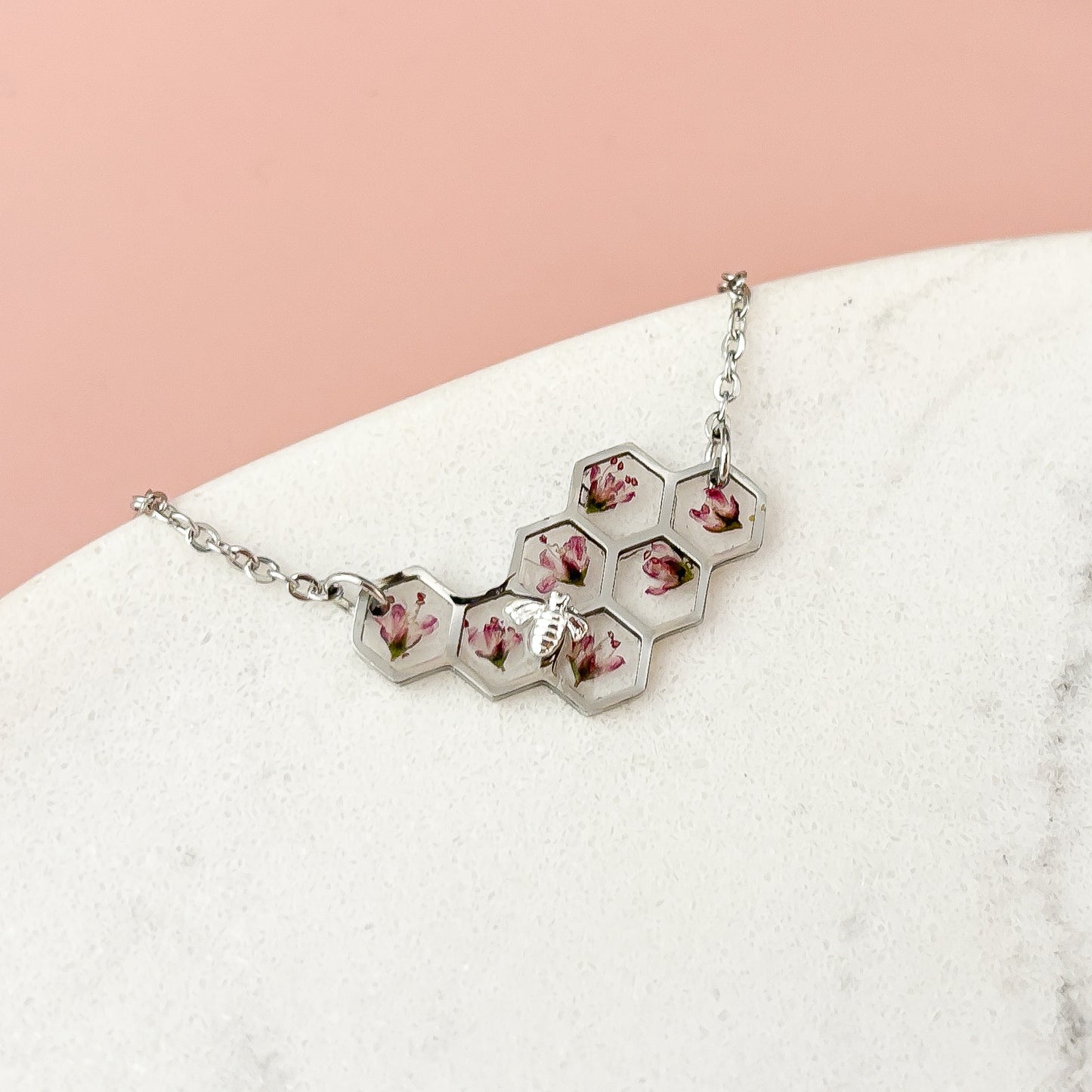 Purple Honeycomb and Bee Necklace