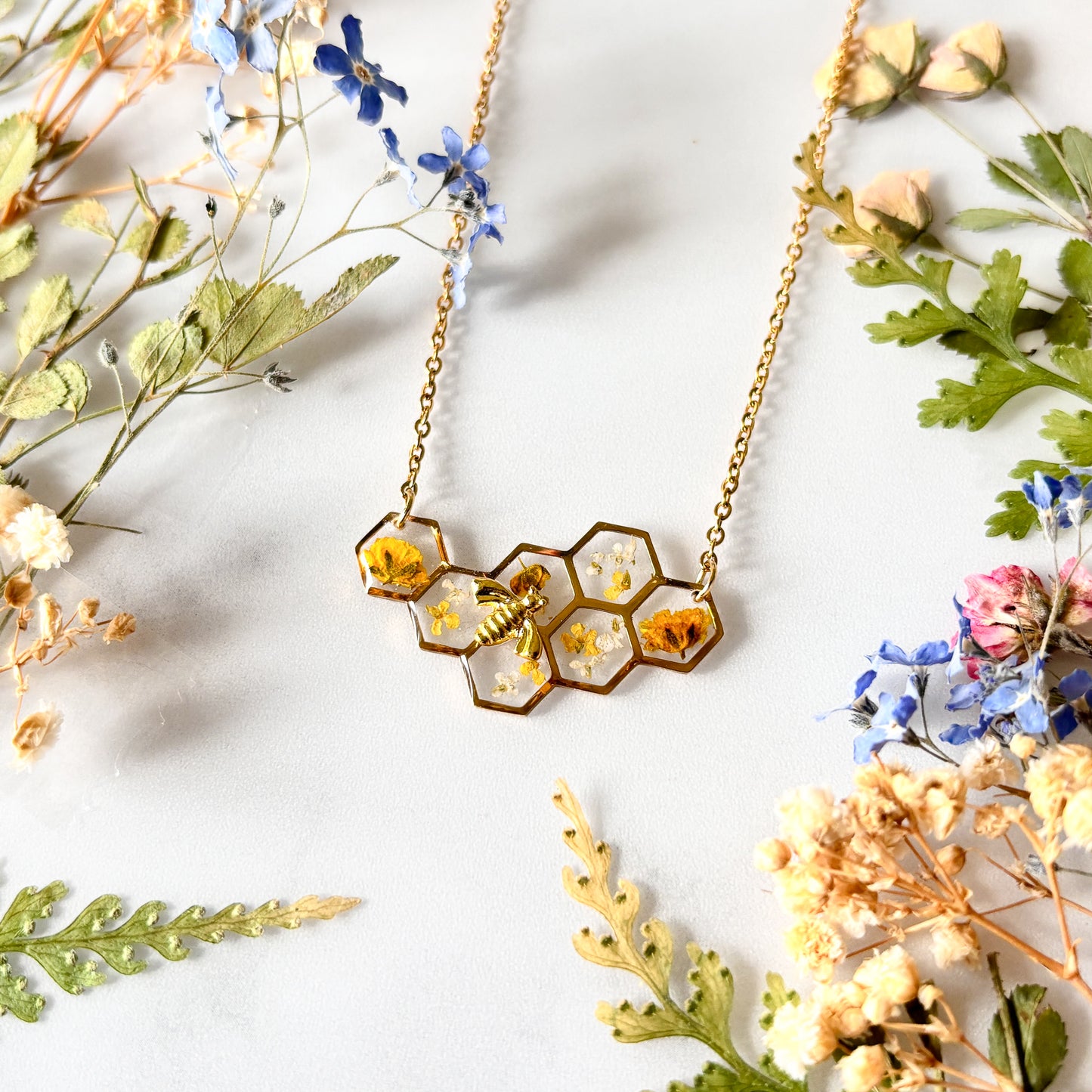 Gold Honeycomb and Bee Necklace