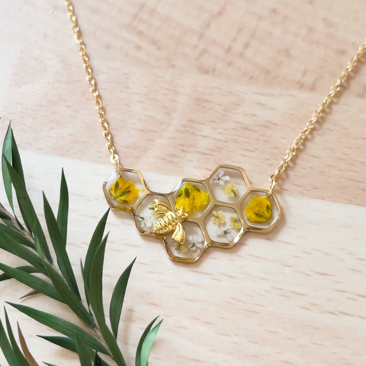 Gold Honeycomb and Bee Necklace