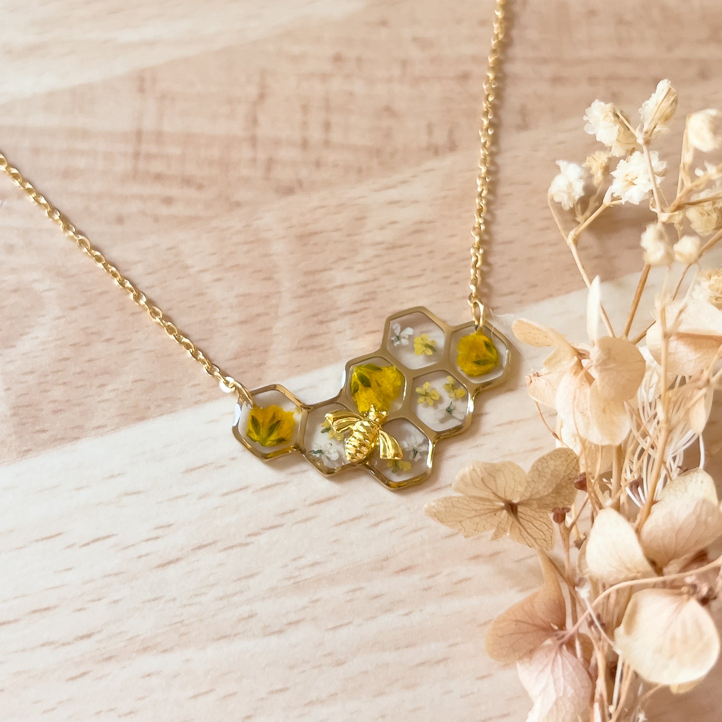 Gold Honeycomb and Bee Necklace