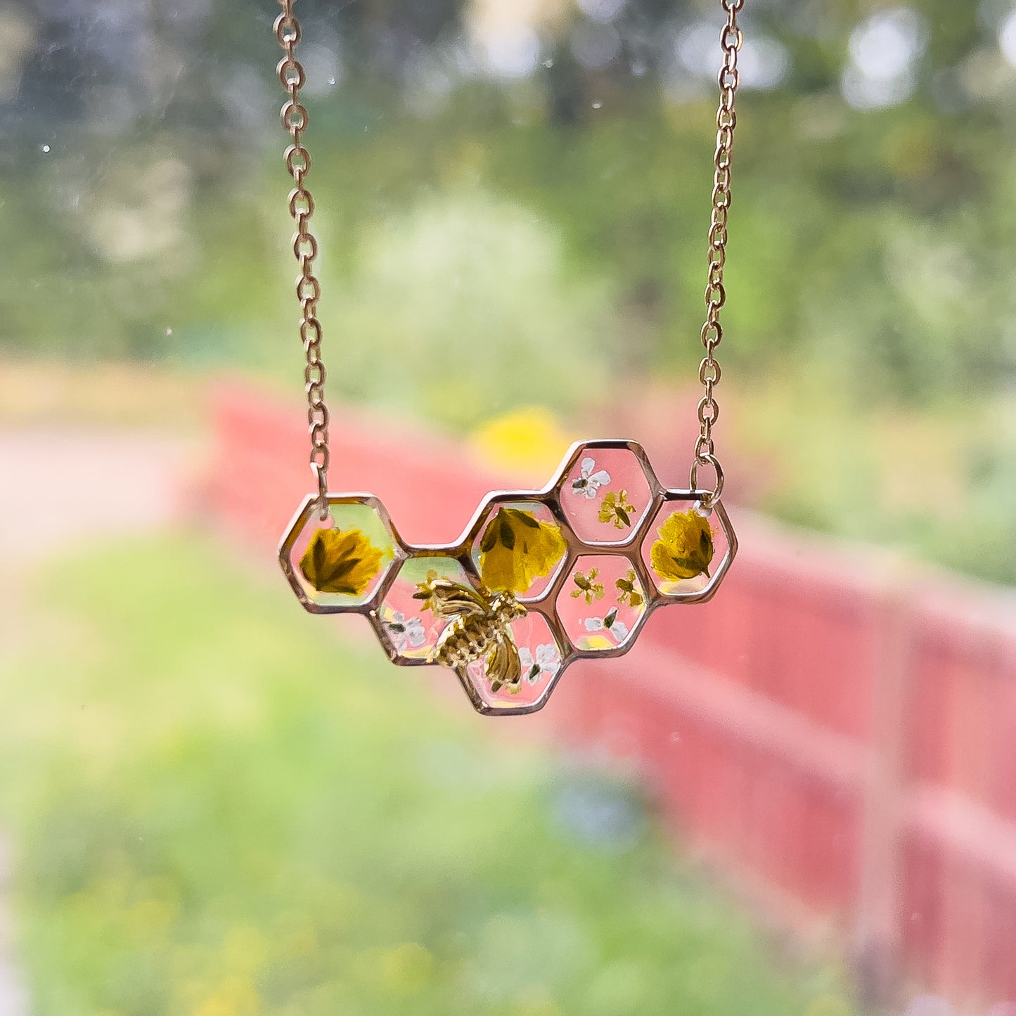 Gold Honeycomb and Bee Necklace