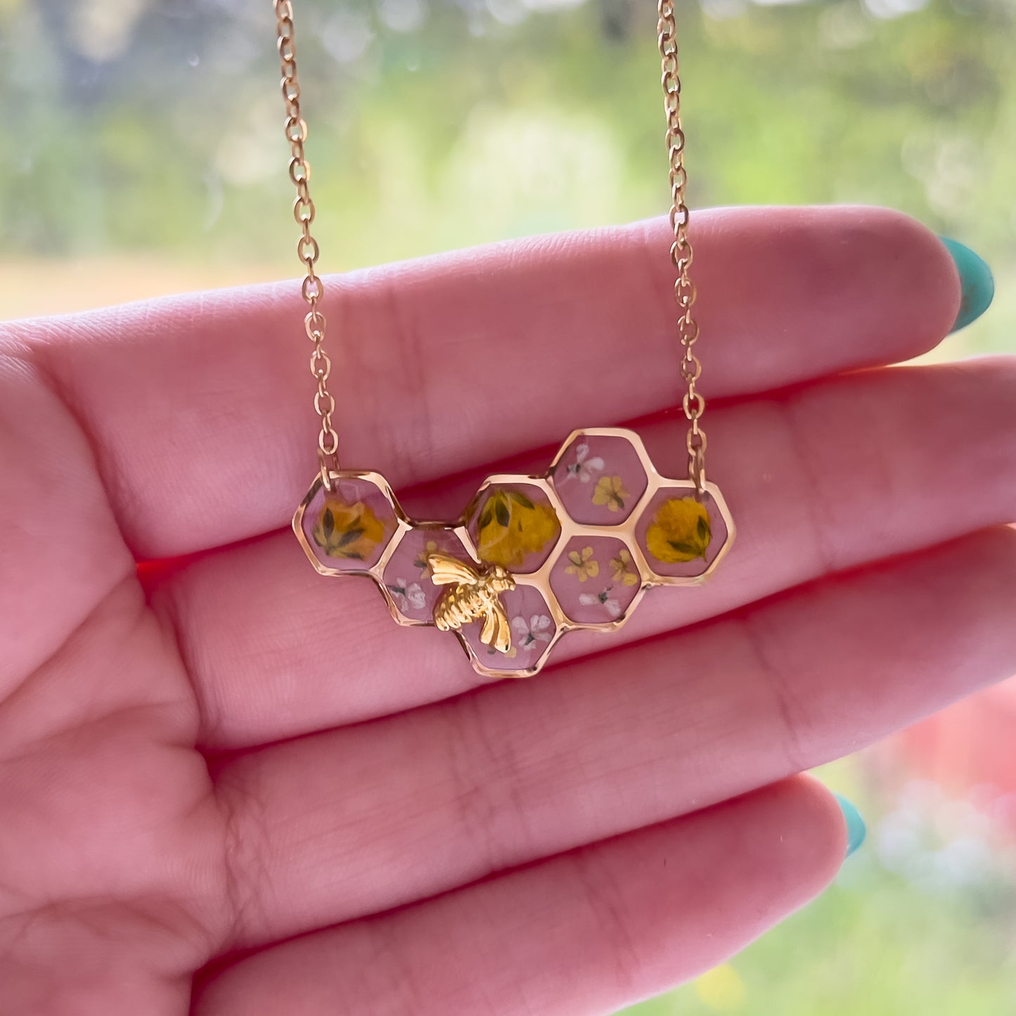 Gold Honeycomb and Bee Necklace