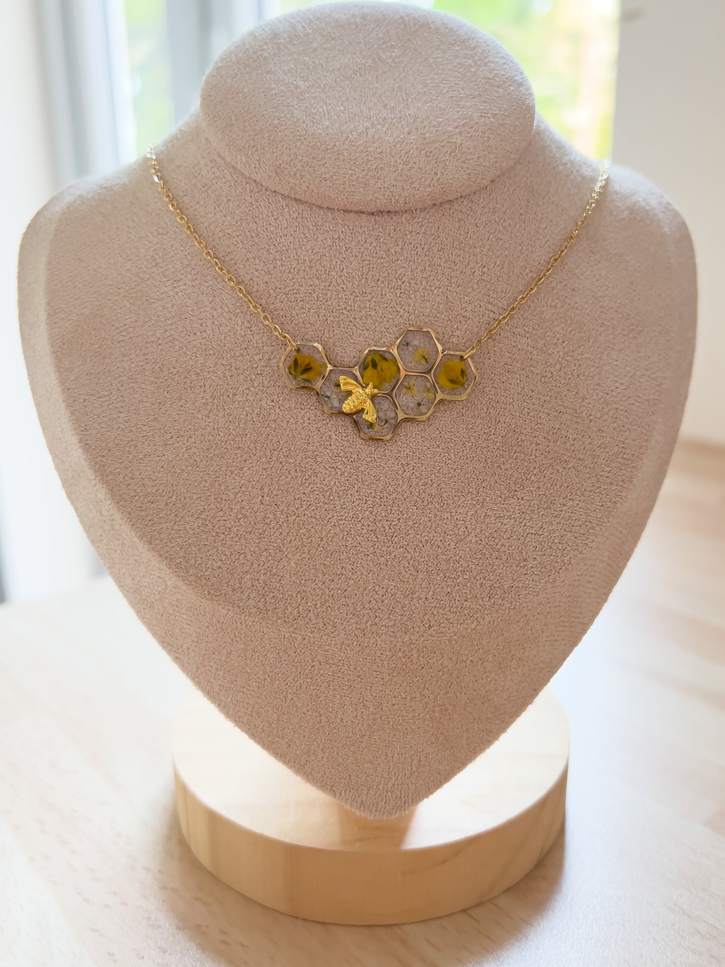 Gold Honeycomb and Bee Necklace