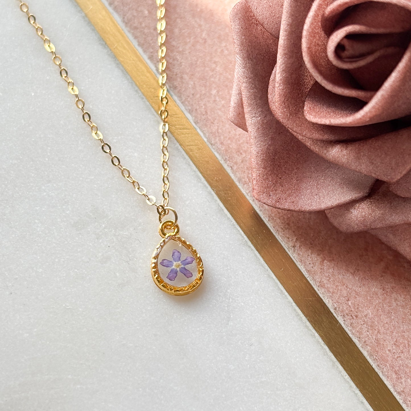Gold Teardrop Forget Me Not Necklace