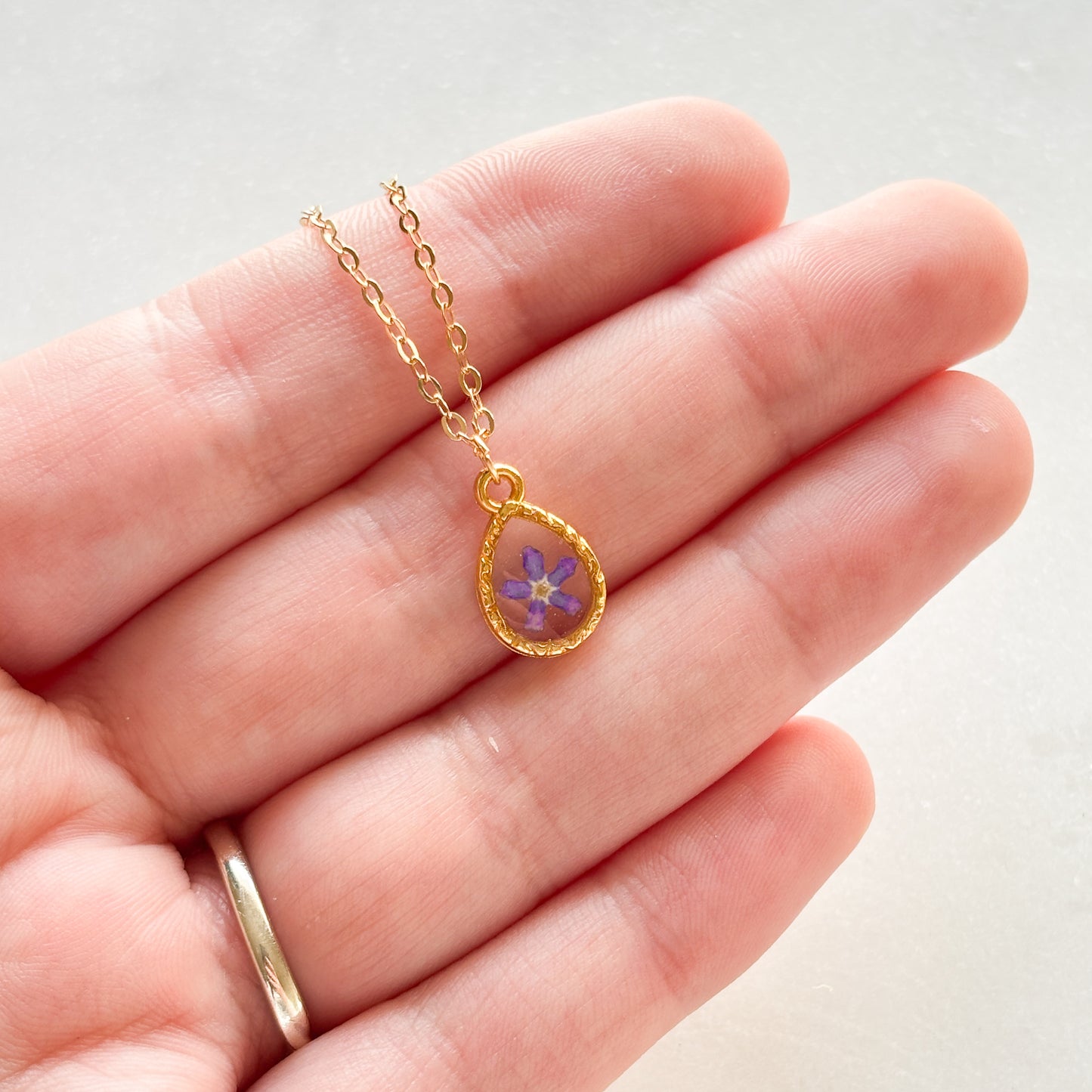 Gold Teardrop Forget Me Not Necklace