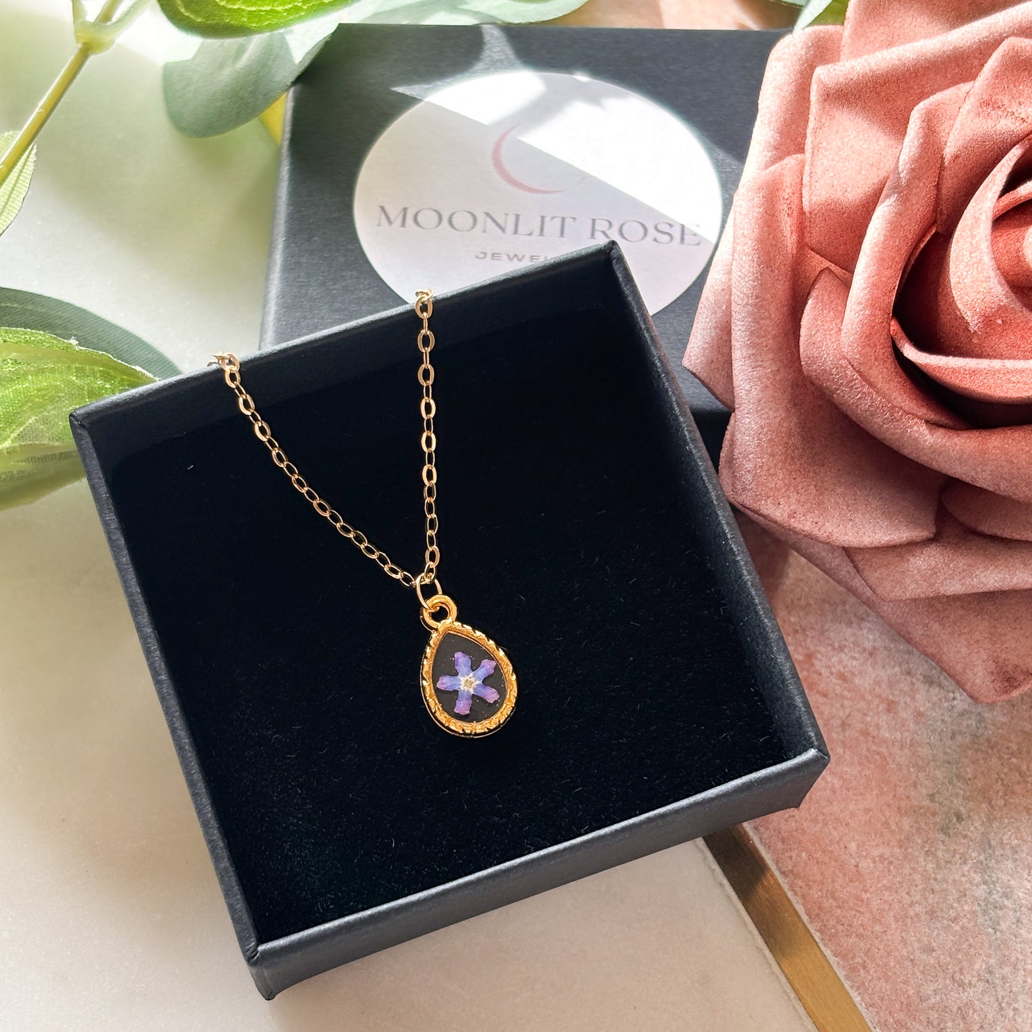 Gold Teardrop Forget Me Not Necklace
