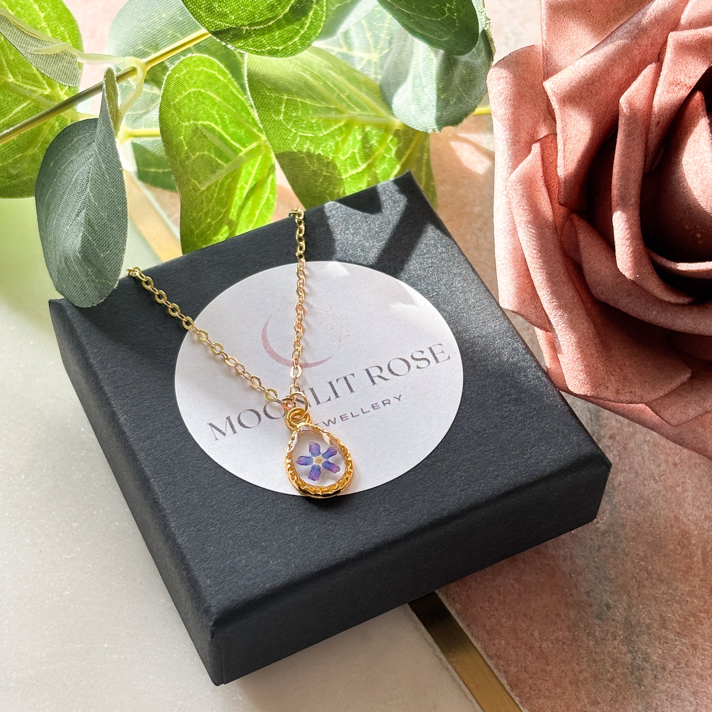 Gold Teardrop Forget Me Not Necklace