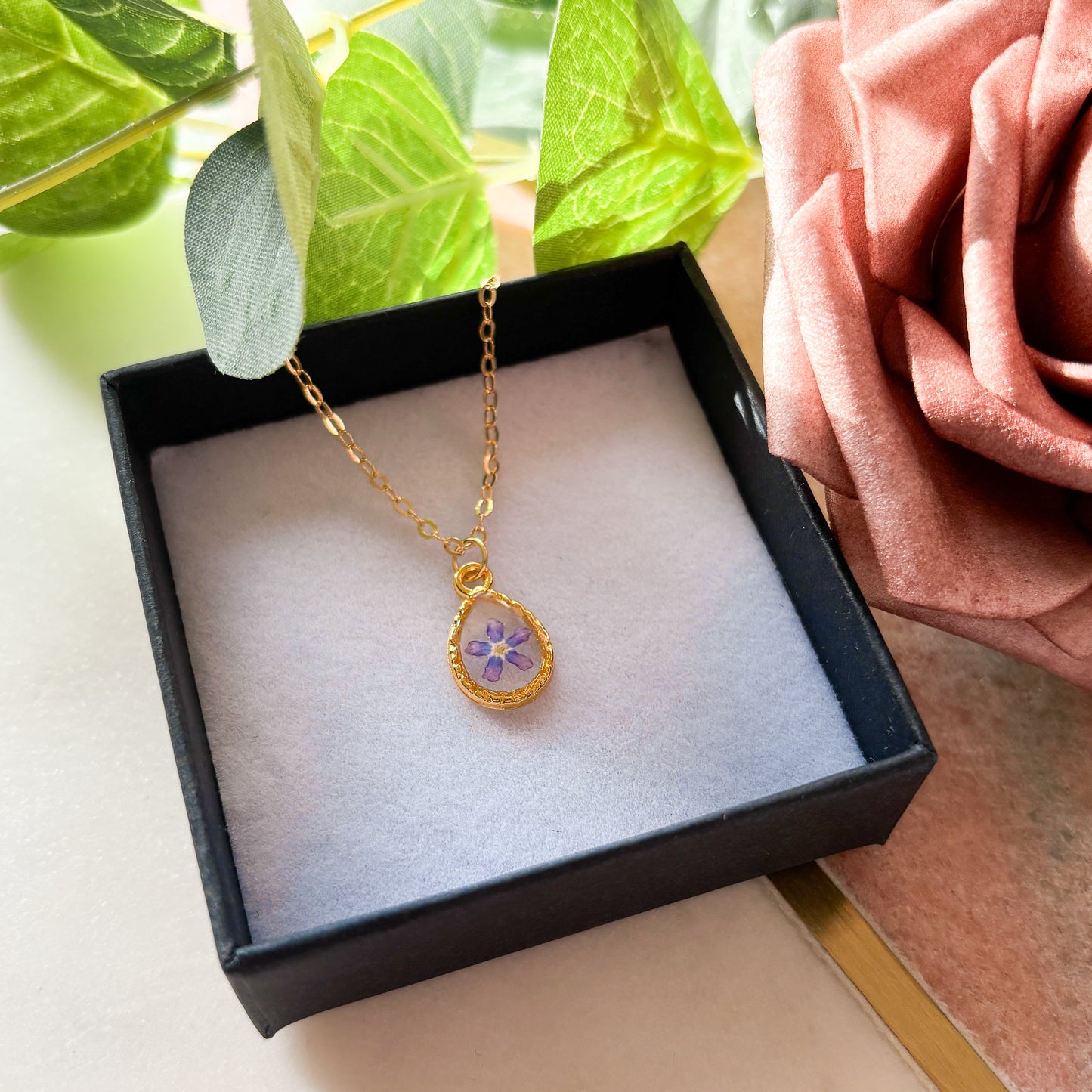 Gold Teardrop Forget Me Not Necklace