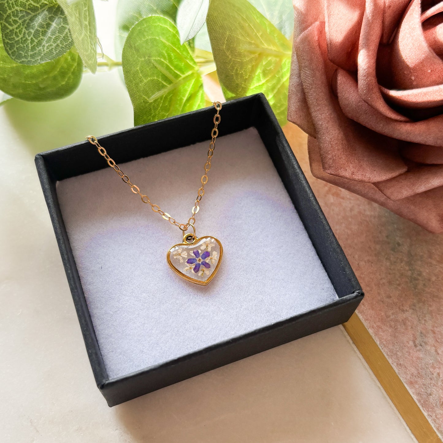 Gold Heart Forget Me Not Necklace