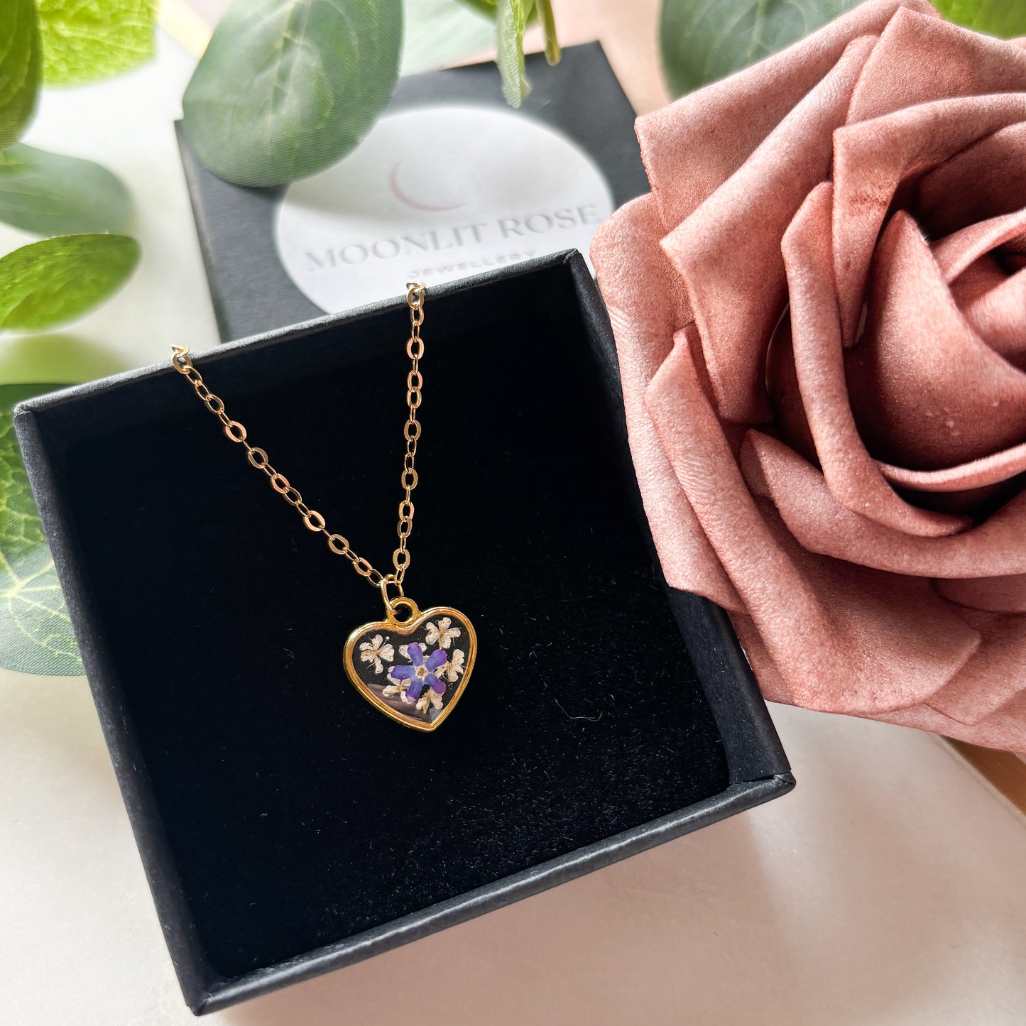Gold Heart Forget Me Not Necklace