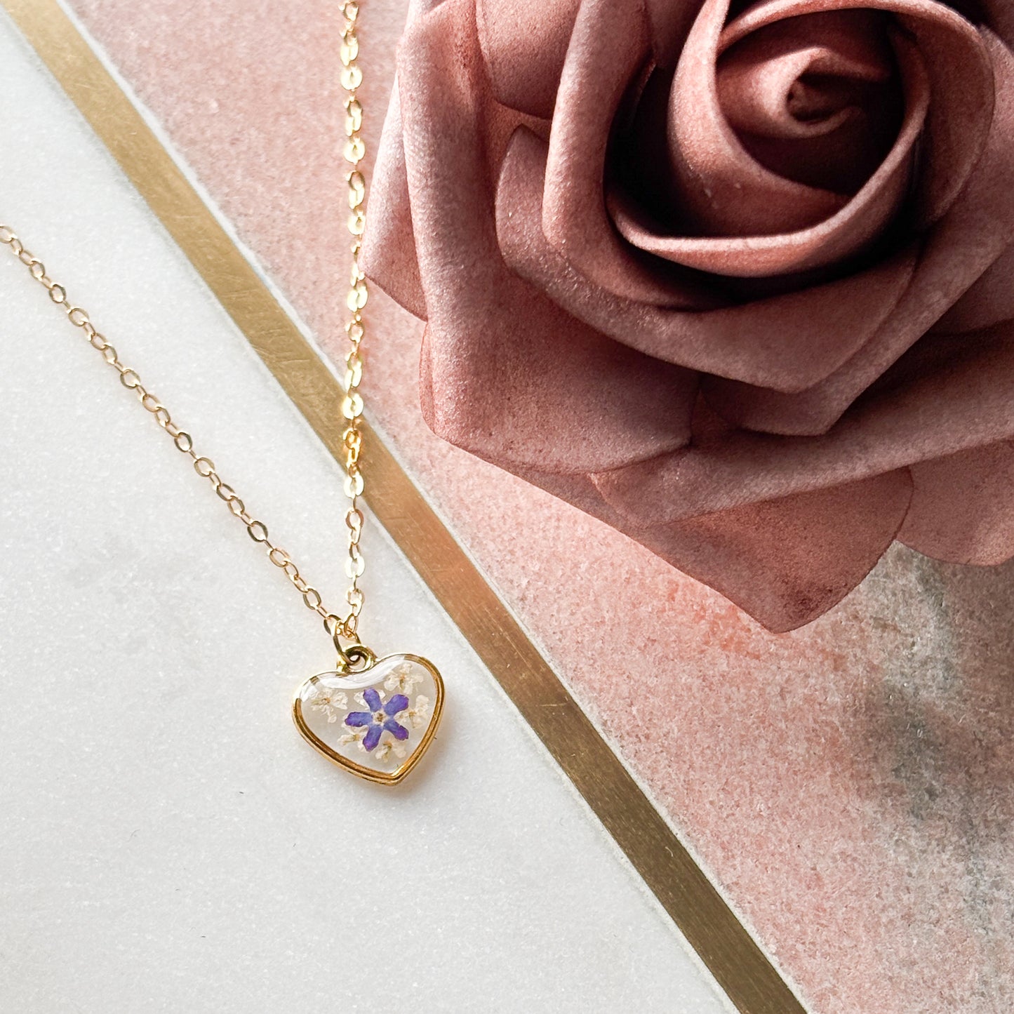 Gold Heart Forget Me Not Necklace