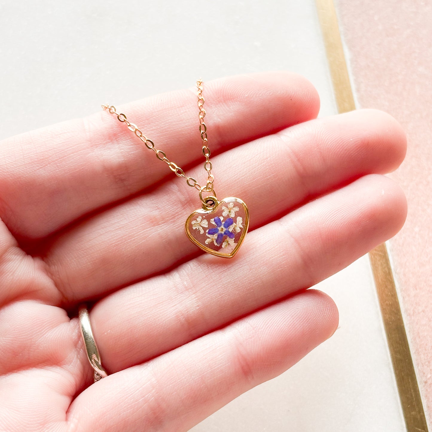 Gold Heart Forget Me Not Necklace