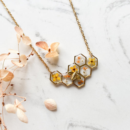 Gold Honeycomb and Bee Necklace