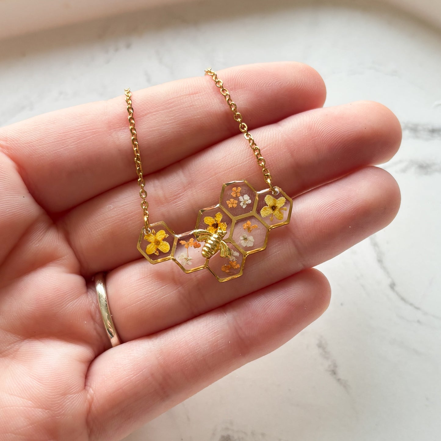 Gold Honeycomb and Bee Necklace