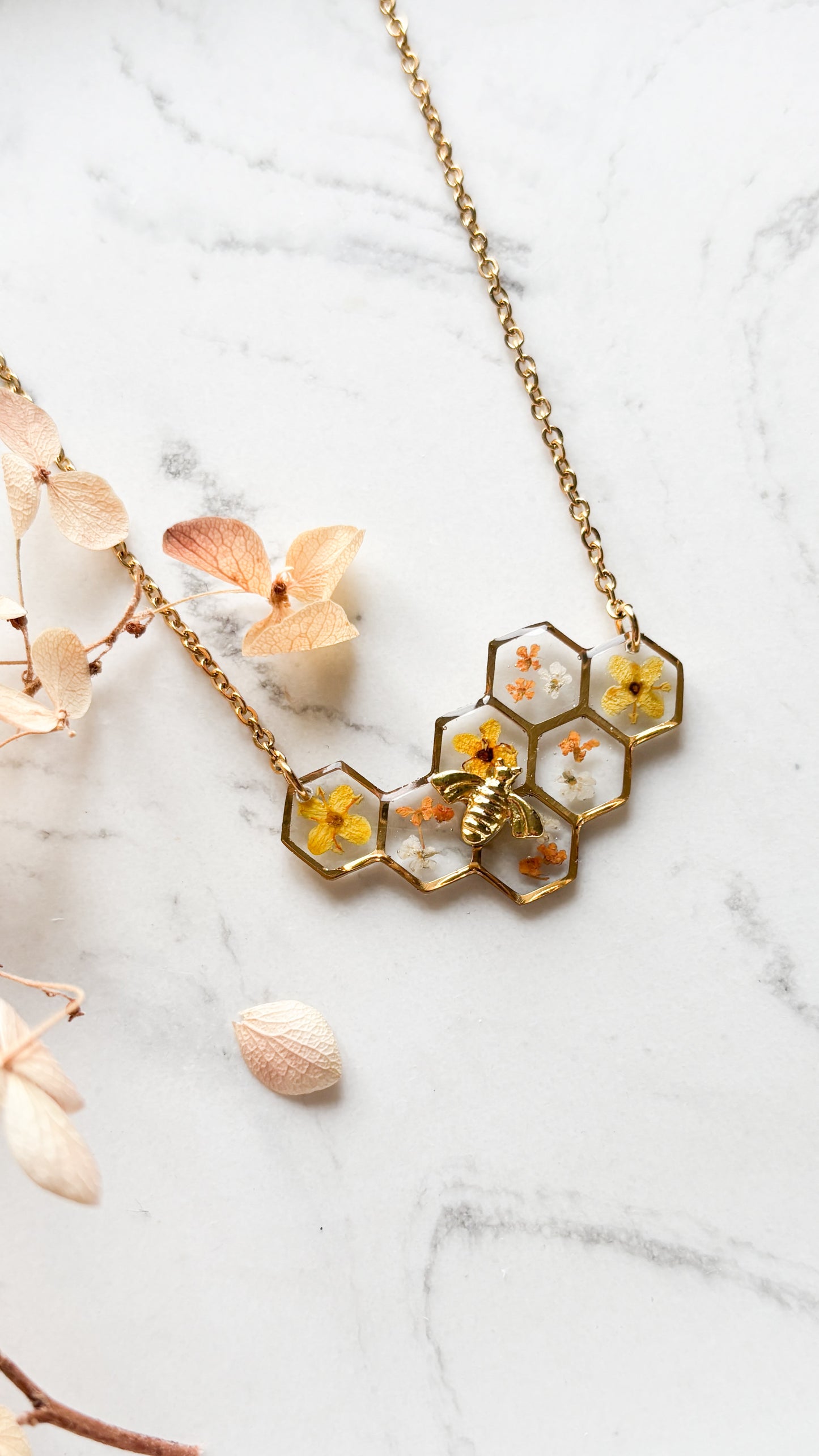 Gold Honeycomb and Bee Necklace