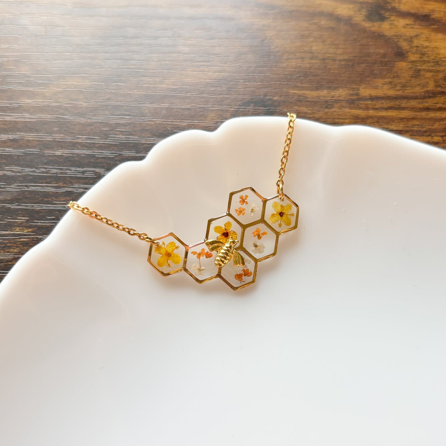 Gold Honeycomb and Bee Necklace
