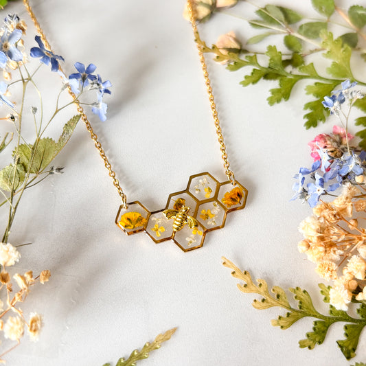 Gold Honeycomb and Bee Necklace