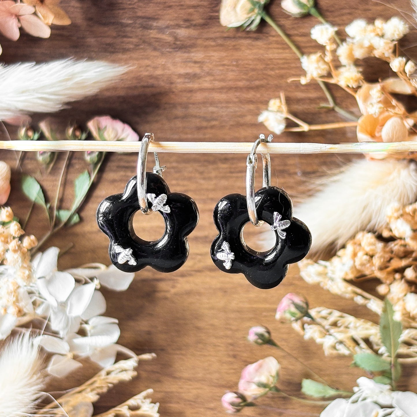 Black Bee Huggie Hoops